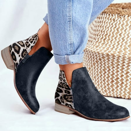 Womens Boots Women s Fashion Leopard Serpentine Boots Ladies Outdoor Square Heels Shoes Grey 6.5 Boots for Women