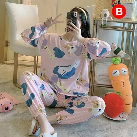 Women Pajamas Suit Long Sleeve Top Trousers Cartoon Print Loose Two-piece Sleepwear Home Service Set(B L)