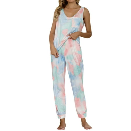 HUBERY Women Round Neck Sleeveless Pocket Tie-Dyed Printed Sleepwear Set
