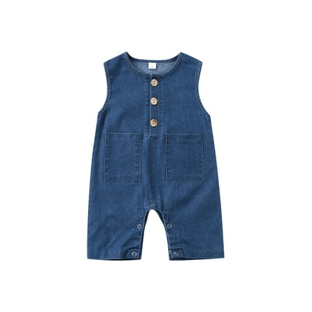 Binpure Baby Romper Sleeveless Design Button Closed Pockets Denim Breathable Simple Jumpsuit