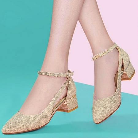 Feiboyy Spring And Summer Shallow Mouth Women Single Shoes Thick Heel Buckle Pointed Toe Shoes Metal Decoration