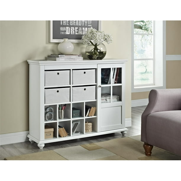 Ameriwood Home Reese Park Storage Cabinet with 4 Fabric Bins and Glass Door, White