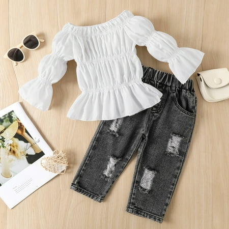 Wiueurtly Toddler Kids Baby Girls Off Shoulder Ruffles T Shirt Tops Hole Crop Denim Jeans Long Pants 2PCS Outfits Clothes Set Girls Easter Gift Set
Wiueurtly Toddler Kids Baby Girls Off Shoulder Ruffles T Shirt Tops Hole Crop Denim Jeans Long Pants 2PCS Outfits Clothes Set Girls Easter Gift Set