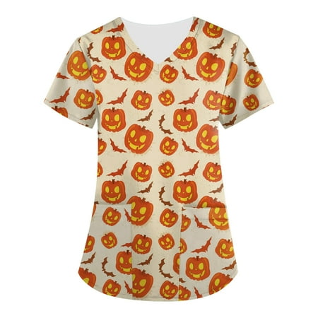 

RPVATI Womens Lightweight Scrubs Pumpkin Print Short Sleeve Hoilday Nurse Uniform Womens Tops Summer With Pockets V Neck Halloween Business Shirts for Women Loose Fit Womens Dressy Tunic Tops Khaki XL