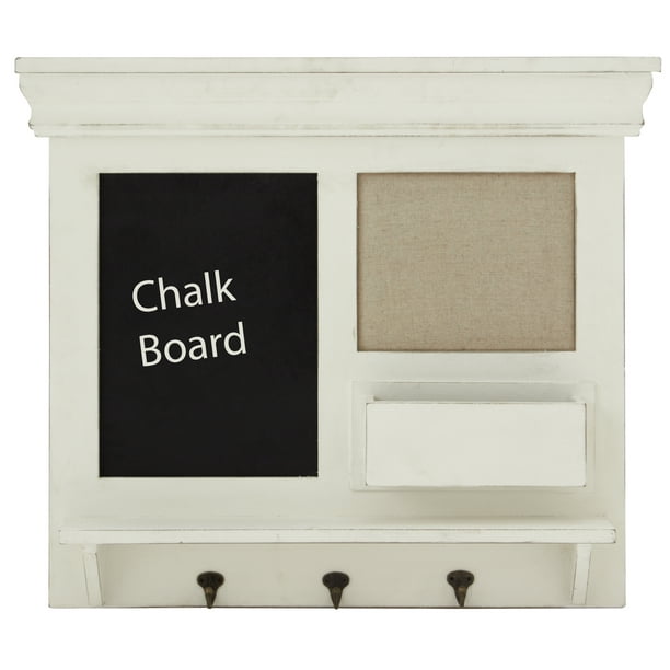 Wooden Chalkboard Wall Shelf With Three Metal Hooks