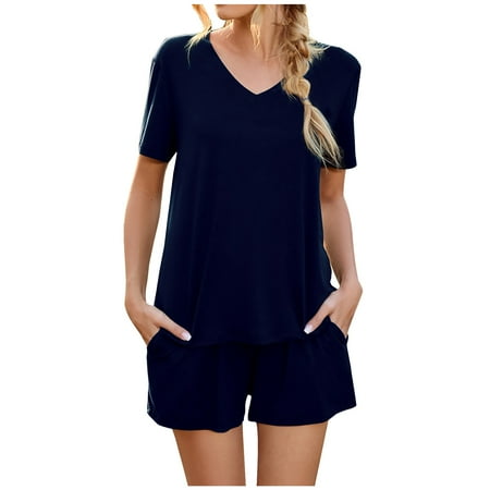 Womens Summer Pajamas Sets Short Sleeve V Neck T Shirts and High Waist Loose Shorts PJs Lounge Sets with Pockets
Womens Summer Pajamas Sets Short Sleeve V Neck T Shirts and High Waist Loose Shorts PJs Lounge Sets with Pockets