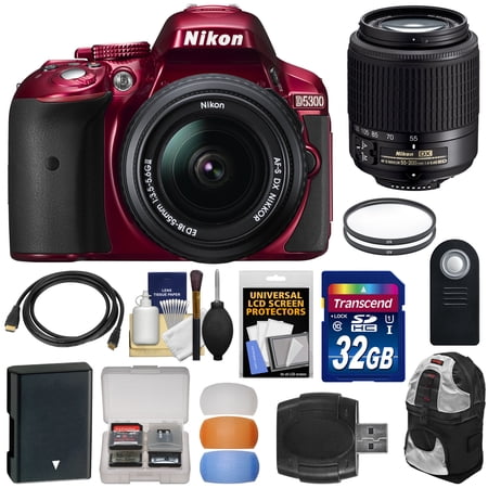 Nikon D5300 Digital SLR Camera & 18-55mm G DX II AF-S Zoom (Red) with 55-200mm DX AF-S Lens + 32GB Card + Battery + Backpack + Filters Kit Nikon D5300 Digital SLR Camera & 18-55mm G DX II AF-S Zoom (Red) with 55-200mm DX AF-S Lens + 32GB Card + Battery + Backpack + Filters Kit