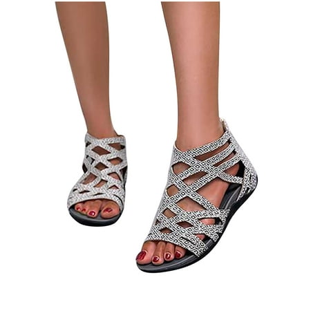 

Gladiator Sandals for Women Flat Sandal Summer Casual Open Toe Strappy Wide Width Sandals Zip Up Metal Buckle Sandal