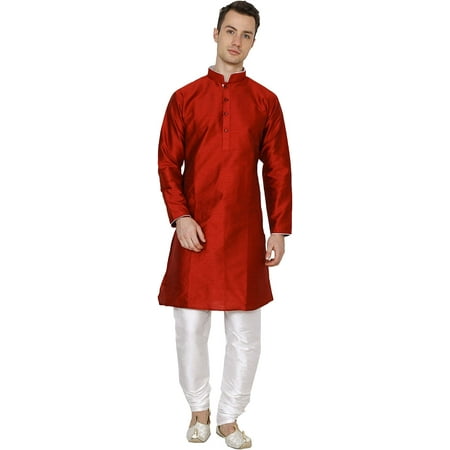 Royal Kurta Mens Jacquard Silk Ethnic Printed Kurta Churidar Set Maroon