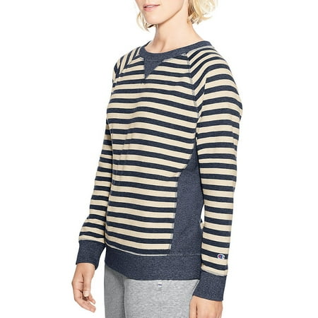 Champion Women's Heritage French Terry Crew - Size - S - Color - Imperial Indigo Heather/Oatmeal Heather Stripe