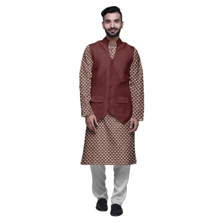 Atasi Traditional Printed Kurta Churidar Pajama Set With Nehru Jacket For Men