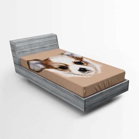 Animal Fitted Sheet Puppy Portrait Little Furry Friend Dog Pet Graphic Art, Soft Decorative Fabric Bedding, Pale Caramel Warm Taupe, by Ambesonne