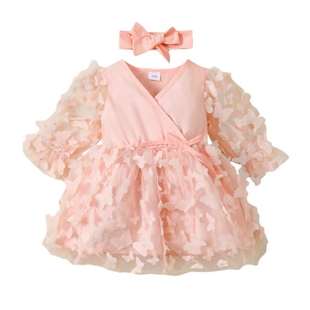 NZRVAWS Baby Girls Outfits 3 Months Baby Girls Splice 6 Months Baby Girls Gauze Dress +Headband 2Pcs Clothes Set Pink