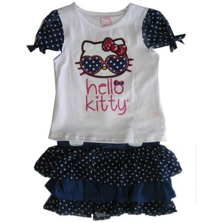 Hello Kitty Little Girls Navy Blue Dotted Glittery Applique 2 Pc Skirt Set 4-6X