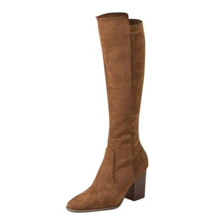 Boots Long Knee-High Heel For Women s Chunky Retro Shoes Suede Warm