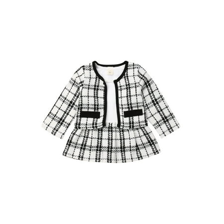 2Pcs Toddler Baby Girl Plaid Skirt Set Long Sleeve Jacket Coat Tops Party Dress Tutu Skirt Spring Fall Winter Outfit Clothes