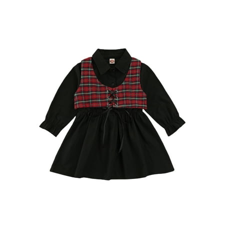 Little Girls Fashion Clothes Set Black Long Sleeve Solid Color Dress and Plaid Print Tank Tops 
Little Girls Fashion Clothes Set Black Long Sleeve Solid Color Dress and Plaid Print Tank Tops