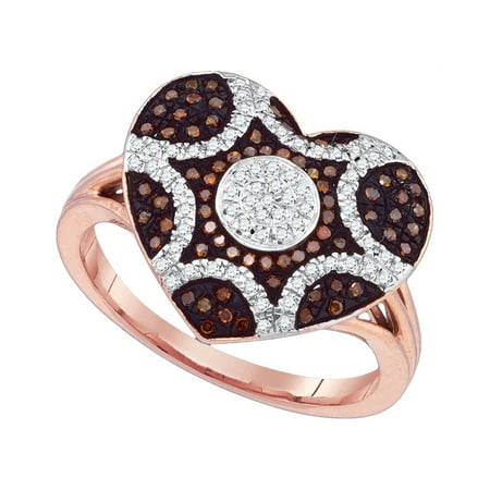 10kt Rose Gold Womens Round Red Colored Diamond Starburst Heart Cluster Ring 1/3 Cttw