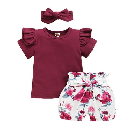 

GWAABD Baby Girl Sets Red Cotton Blend Baby Girls Solid Frill Tops+Floral Shorts+Headband Outfits Clothe 70