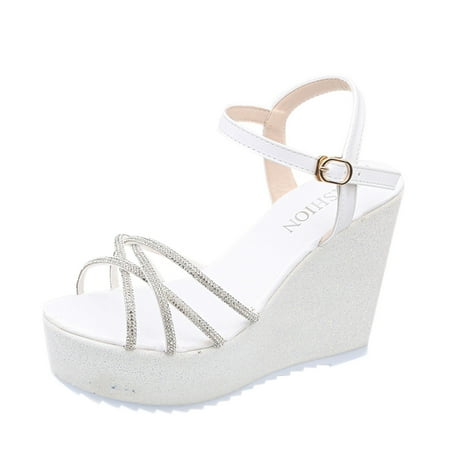 GWAABD Womens Sandals Wide Width Ladies Fashion Summer Rhinestone Interlaced Strap Buckle Wedge Heel Open Toe Sandals
