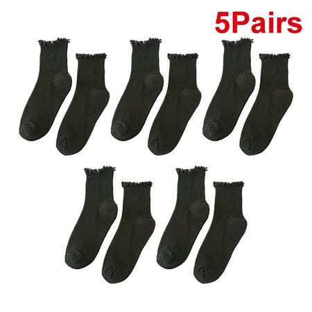 5Pairs Ruffle Ankle Socks for Women Casual Lettuce Knit Black