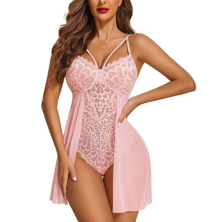 

Felwors Women Lingerie For Women Floral Snap Crotch Teddy Chemise Nightie Lace Nightgown L Pink