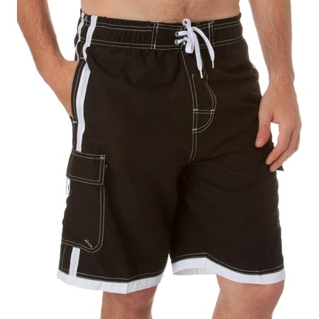 Mens Contrast Stripes Skate Surf Board Short / Swim Trunks - Black - 5XL