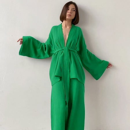 DanceeMangoo Cotton Sleepwear Women Pajama Robe Sets Flare Sleeve Nightgown Set Woman 2 Pieces Robes Woman Lace Up Casual Trouser Suits
DanceeMangoo Cotton Sleepwear Women Pajama Robe Sets Flare Sleeve Nightgown Set Woman 2 Pieces Robes Woman Lace Up Casual Trouser Suits