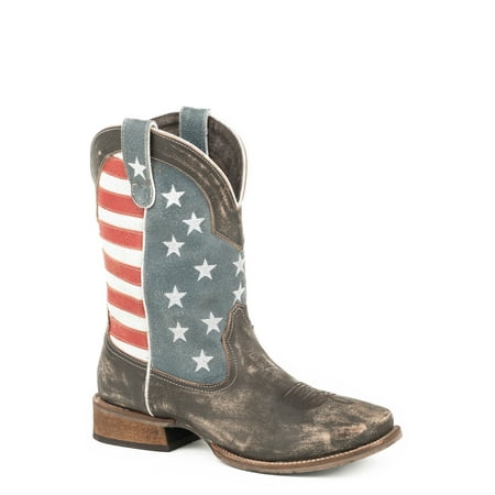 Roper 12In Mens Brown Leather American Flag Cowboy Boots 10.5EE