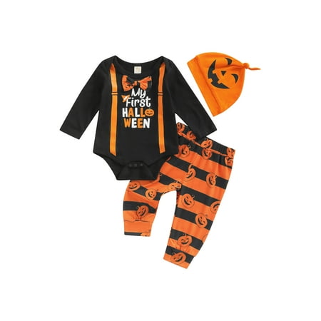 Meihuida Baby Halloween Romper Set Round Neck Long Sleeve Letter Printed Romper Pumpkin Printed Striped Pants Hat
Meihuida Baby Halloween Romper Set Round Neck Long Sleeve Letter Printed Romper Pumpkin Printed Striped Pants Hat