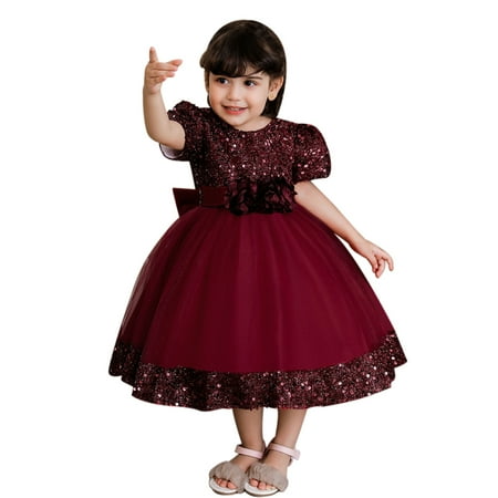 KAWELL Elegant Flower Girl Dress Sequins Baby 1st Birthday Party Wedding Dress