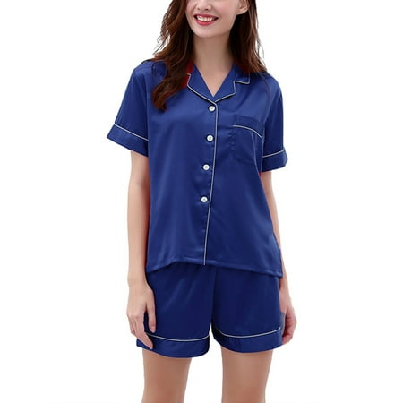 Woobling Ladies Pajamas Sets Short Sleeve Sleepwear Single Breasted Nightwear Women Loose Home Clothes Lounge Set Navy Blue L
Woobling Ladies Pajamas Sets Short Sleeve Sleepwear Single Breasted Nightwear Women Loose Home Clothes Lounge Set Navy Blue L