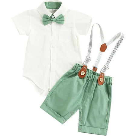 Infant and toddler short sleeved bow button jumpsuit shirt suspender shorts casual summer wear 
Infant and toddler short sleeved bow button jumpsuit shirt suspender shorts casual summer wear