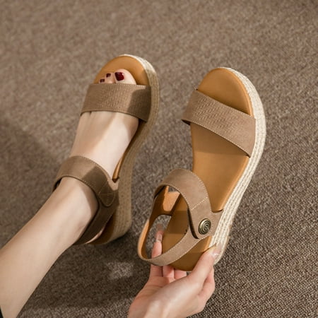 Women s Fashion Straw Shoes Platform Open Toe Anti-Slip Temperament Wedge Sand