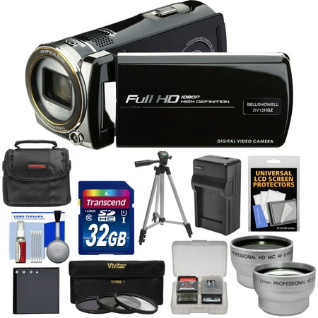 Bell & Howell DV12HDZ 1080p HD Video Camera Camcorder (Black) with 32GB Card + Battery & Charger + Case + Tripod + 3 Filters + Tele/Wide Lens Kit