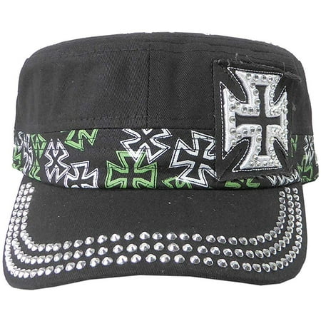 SILVERFEVER Women's Military Cadet Cap Hat - Patch Cotton - Studded & Embroidered (Black, Classsic Chopper)
