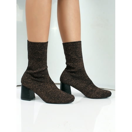 Nature Breeze Women s Stretchy Sock Knitting High Heel Bootie in Brown