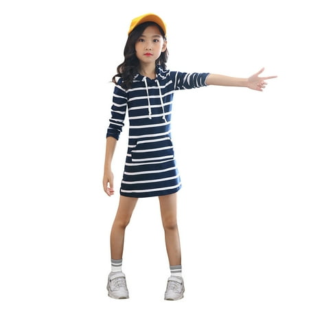 Juebong Baby Dresses Deals For Days Teen Kids Girls Long Sleeve Stripe Slim Pencil Skirt Hooded Princess Dress