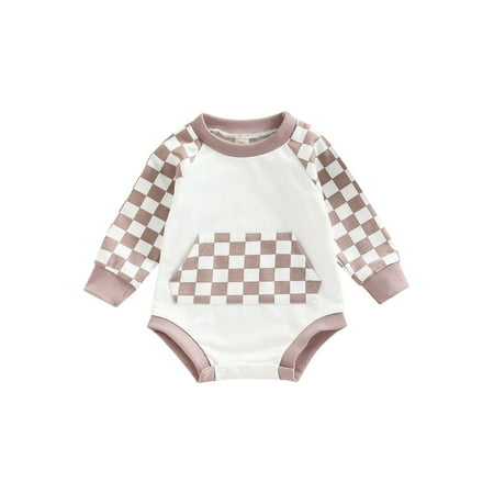 Ma&Maby Infant Baby Boys Girls Long Sleeve Romper Plaid Patchwork Front Pocket Casual Simple Style Bodysuit