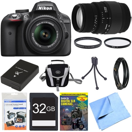 Nikon D3300 DSLR HD 1080p Camera Black w\/ 18-55mm + 70-300mm Lens Bundle includes Camera, Lenses, 32GB SDHC Memory Card, Gadget Bag, 52mm UV Filter, 62mm UV Filter, Beach Camera Cloth and More