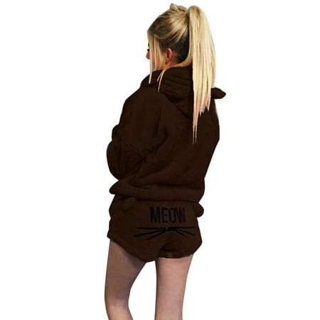 Women Plush Pajamas Set Thick Hoodie Long Tops+Embroidery Shorts Sleepwear Homewear L 12