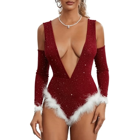Douhoow Women Christmas Bodysuits White Plush Trim Bodycon Romper Deep V-Neck Sleeveless Short Jumpsuit with Arm Sleeves
Douhoow Women Christmas Bodysuits White Plush Trim Bodycon Romper Deep V-Neck Sleeveless Short Jumpsuit with Arm Sleeves