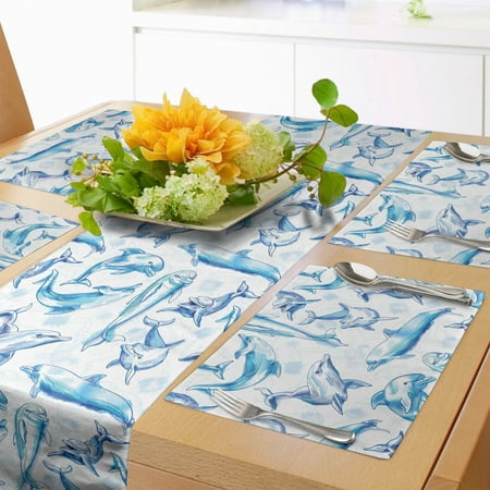 

Sea Animals Table Runner & Placemats Sketch of Bottlenose Dolphins Playing Laughing in the Ocean Sea Life Print Set for Dining Table Placemat 4 pcs + Runner 12 x72 Turquoise White by Ambesonne