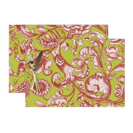 Cloth Placemats Flowers Floral Antique Turkey Red Green Chartreuse Set of 2