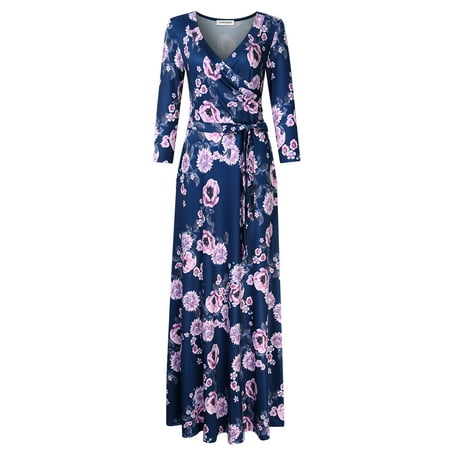 Leadingstar Women's 3/4 Sleeve V-Neck Floral Print Boho Maxi Wrap Dress Dark Blue S