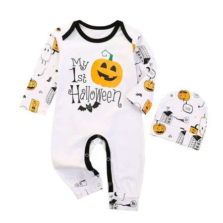 Newborn Baby Girls Boys Halloween Outfits Pumpkin and Ghost Print Striped Romper and Hat Set Fashion 2-piece Outfit
Newborn Baby Girls Boys Halloween Outfits Pumpkin and Ghost Print Striped Romper and Hat Set Fashion 2-piece Outfit