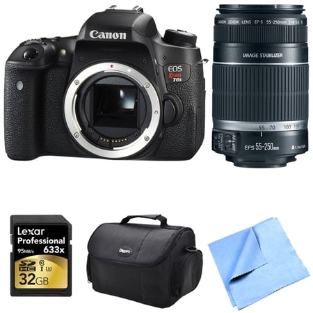 Canon EOS Rebel T6s 24.2MP DSLR Camera with 55-250mm Lens Kit Includes Camera, Lens, 32GB Professional 633x SDHC Class 10 UHS-I\/U3 Memory Card Up to 95 Mb\/s, micro fiber cloth and gadget bag