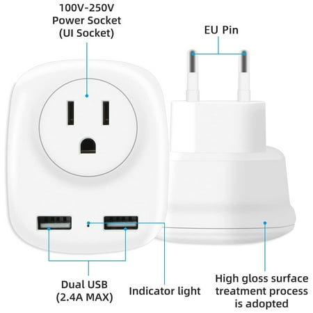 GUSTVE European Travel Power Adapter 3-in-1 International Power Adapter Charger with 2 USB Ports for US 100-250V Multi-function Power Adaptor Travel Spare Adapter for Cellphone Tablet
GUSTVE European Travel Power Adapter 3-in-1 International Power Adapter Charger with 2 USB Ports for US 100-250V Multi-function Power Adaptor Travel Spare Adapter for Cellphone Tablet