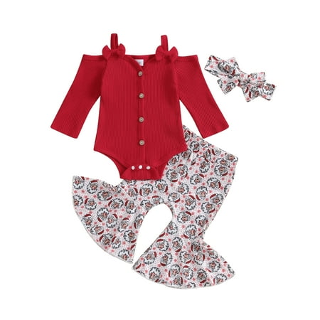 3pcs Newborn Baby Girls Christmas Clothes Cold Shoulder Ribbed Romper Print Flared Pants Headband Set
3pcs Newborn Baby Girls Christmas Clothes Cold Shoulder Ribbed Romper Print Flared Pants Headband Set