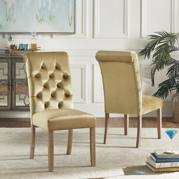 Weston Home Ali Velvet Tufted Rolled Back Parsons Chair with Oak Finish, Set of 2, Gold